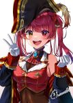  1girl :d arrow_through_heart ascot bicorne black_coat black_hat blue_gem blush breasts brooch buttons clenched_hand coat commentary_request cropped_jacket finger_counting frilled_shirt_collar frills gem gloves gold_buttons gold_trim hair_ribbon hat heterochromia highres hololive houshou_marine houshou_marine_(1st_costume) jacket jewelry lapel_pin lapels leotard leotard_under_clothes looking_at_viewer medium_breasts momone_cco no_eyepatch notched_lapels off_shoulder open_mouth origami pirate_hat red_ascot red_eyes red_hair red_jacket red_ribbon ribbon see-through_cleavage see-through_clothes see-through_leotard see-through_midriff signature simple_background sleeveless sleeveless_jacket smile solo twintails virtual_youtuber w_arms white_background white_gloves yellow_eyes 