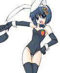  98-tan :d animal_ears artist_request bangs bare_shoulders black_gloves black_legwear blue_eyes blue_hair bob_cut breasts bunny_ears bunnysuit cowboy_shot elbow_gloves eyebrows_visible_through_hair fake_animal_ears gloves hairband hat hat_removed headwear_removed holding holding_hat leotard looking_at_viewer medium_breasts open_mouth os-tan short_hair simple_background smile solo standing thighhighs white_background wrist_cuffs 