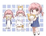  ! 1girl :3 :o ahoge animal animal_on_head ankle_socks bare_arms black_shoes blue_background blue_bow blue_dress blush_stickers border bow bowtie brown_eyes brown_pupils cat cat_hair_ornament cat_on_head child closed_mouth clothed_animal collared_shirt colored_eyelashes covering_own_mouth dot_nose dress ear_covers grid_background hair_bow hair_ornament hairclip happy head_only highres holding holding_animal holding_cat hood hood_down hood_up light_blush longcat_(meme) low_twintails medium_dress meme momo_(nikki) multiple_views nikki_(nikki) nikki_(series) nonoberry22 on_head outline outside_border pinafore_dress pink_hair pleated_dress red_bow red_bowtie shining_nikki shirt shirt_under_dress shoes short_hair short_sleeves short_twintails sitting sleeveless sleeveless_dress smile socks solid_oval_eyes surprised tareme traditional_bowtie twintails whiskers white_border white_cat white_outline white_shirt white_socks yellow_cloak young_nikki_(shining_nikki) 