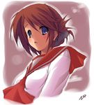  brown_hair folded_ponytail komaki_manaka long_sleeves lowres mizoguchi_keiji pink_background purple_eyes school_uniform short_hair solo to_heart_2 