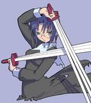  between_fingers black_keys blue_background blue_hair ciel glasses green_eyes haganemaru_kennosuke long_sleeves no_legs short_hair solo tsukihime weapon 