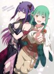  2girls black_eyes black_gloves blue_pupils breasts cleavage cleavage_cutout clothing_cutout commentary_request crossed_arms elf eyeshadow flower flower_armlet frilled_pants frills gloves gradient_hair green_hair hair_ornament highres hiwa_kouta jewelry knife knife_sheath large_breasts long_hair long_sleeves looking_at_viewer lyra_(re:zero) makeup medium_breasts multicolored_hair multiple_girls navel necklace open_mouth orange_eyes orange_flower orange_rose pants pleated_skirt pointing pointing_at_viewer pointy_ears purple_eyes purple_eyeshadow purple_hair purple_lips purple_pupils purple_ribbon re:zero_kara_hajimeru_isekai_seikatsu re:zero_kara_hajimeru_isekai_seikatsu:_lost_in_memories red_flower red_rose ribbon rose sheath shion_(re:zero) shirt side_ponytail simple_background skirt smile translation_request 