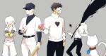  1girl 3boys baseball_bat baseball_cap baseball_uniform belt belt_buckle black_belt black_hair black_hat black_necktie black_pants blunt_bangs blush buckle burnt_(off) cat closed_mouth collar_jewel commentary_request elsen_(off) grey_background hair_over_one_eye hand_on_own_hip hat heart heart_print holding holding_baseball_bat layered_sleeves long_sleeves looking_at_viewer mahou_shoujo_madoka_magica mask multiple_boys necktie off_(game) open_clothes open_mouth open_shirt outstretched_arms pants print_sweater sakuyamochi shaded_face shirt short_hair short_over_long_sleeves short_sleeves simple_background smile soul_gem sportswear striped_sleeves sucre_(off) sweatdrop sweater teeth the_batter_(off) turtleneck turtleneck_sweater upper_teeth_only valerie_(off) white_cat white_hair white_pants white_shirt white_sweater zacharie_(off) 