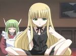  apron blonde_hair choker closed_eyes evangeline_a_k_mcdowell flat_chest green_eyes green_hair karakuri_chachamaru long_hair mahou_sensei_negima! multiple_girls robot_ears screencap sitting spread_legs very_long_hair 