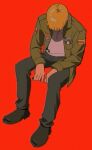  1boy black_pants black_shoes blonde_hair collared_jacket commentary english_commentary full_body haejeo1008 head_down highres invisible_chair jacket james_sunderland long_sleeves male_focus open_clothes open_jacket pants red_background shirt shoes silent_hill_(series) silent_hill_2 simple_background sitting solo white_shirt 