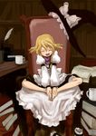  artist_request barefoot blonde_hair book braid butterfly_sitting chair cup hat hat_removed headwear_removed kirisame_marisa laughing legs library long_sleeves mug quill single_braid sitting smile solo source_request spread_legs touhou witch_hat 
