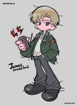  1boy absurdres arm_up black_shirt blonde_hair character_name closed_mouth collared_shirt copyright_name frown green_eyes green_jacket grey_background grey_pants haejeo1008 hand_in_pocket highres holding holding_radio jacket james_sunderland long_sleeves looking_to_the_side male_focus pants parted_bangs shirt short_hair sideways_glance silent_hill_(series) silent_hill_2 simple_background sketch solo twitter_username white_shirt wing_collar 