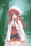  artist_request aty_(summon_night) belt boots brooch cape forest gem green_eyes hat jewelry long_hair long_sleeves looking_at_viewer loose_belt nature red_hair solo summon_night summon_night_3 thigh_boots thighhighs tree 