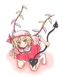  alternate_wings arm_support artist_request blonde_hair blouse blush fang flandre_scarlet hat kneeling laevatein looking_at_viewer red_eyes short_hair skirt smile socks solo source_request squatting touhou wings 