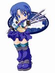  artist_request between_fingers black_keys blue_eyes blue_hair blue_legwear boots chibi ciel cross gloves knife latin_cross purple simple_background solo thigh_boots thighhighs tsukihime white_background 
