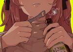  1girl 4me_4ma alcohol bottle bottle_opener commentary eyes_out_of_frame green_background hair_ribbon head_out_of_frame highres holding holding_bottle kamiina_botan kamiina_botan_yoeru_sugata_wa_yuri_no_hana lips long_hair long_sleeves parted_lips pink_hair ribbon simple_background solo turtleneck two_side_up untranslatable_commentary 