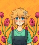  1boy alternate_costume antenna_hair basil_(faraway)_(omori) basil_(omori) black_overalls blonde_hair blue_eyes blush collarbone double-parted_bangs flower green_shirt hair_between_eyes hair_flower hair_ornament highres krerue looking_at_viewer male_focus omori open_mouth overalls red_flower red_tulip shirt short_hair short_sleeves sidelocks solo t-shirt tulip upper_body 