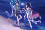  1boy 1girl absurdres ahoge anemo_symbol_(genshin_impact) animal_print aqua_halo arm_ribbon armor arms_at_sides artist_name belt bird_print black_belt black_bow black_bridal_gauntlets black_hair black_nails black_sandals black_shorts blue_cape blue_gem blue_kimono blue_sleeves blunt_bangs blunt_ends blunt_tresses body_markings bodysuit bow bridal_gauntlets bright_pupils cape choker closed_eyes closed_mouth cloud cloudy_sky colored_inner_hair colored_tips columbina_(genshin_impact) commentary crescent crescent_hair_ornament crescent_ornament dress english_commentary eyelashes eyeliner facing_another fang feathers fingernails floating full_body full_moon furisode gem genshin_impact glint glowing_markings gold gold_ring grey_bodysuit hair_ornament hair_ribbon hakama hakama_shorts halo halo_behind_head hand_up heart heart_hair_ornament highres huge_ahoge japanese_armor japanese_clothes juban kimono kote kurokote lace-trimmed_choker lace_trim lacycoffinn layered_sleeves leg_ribbon leg_warmers levitation long_hair long_sleeves looking_at_another lower_teeth_only makeup mandala midair middle_ring mole mole_under_eye moon multicolored_hair night off-shoulder_dress off_shoulder offering_hand open_clothes open_hands open_kimono open_mouth outdoors pink_hair pink_nails pleated_shorts pom_pom_(clothes) purple_eyes purple_hair purple_rope purple_sash red_eyeliner ribbon rope sandals sash scaramouche_(genshin_impact) short_eyebrows short_sleeves shorts shoulder_peek side_cape signature skin_fang sky sleeves_past_wrists stirrup_legwear tassel teeth thick_eyebrows toeless_legwear toenails tress_ribbon turtleneck turtleneck_bodysuit v-shaped_eyebrows very_long_hair vision_(genshin_impact) wanderer_(genshin_impact) watermark white_bow white_choker white_dress white_kimono white_leg_warmers white_pupils white_ribbon white_sleeves white_trim white_wings wing_hair_ornament wings wrist_bow yellow_feathers zouri 