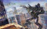  aircraft airplane_wing arm_mounted_weapon attack_helicopter building darefi-daenyr gatling_gun glowing glowing_eyes helicopter highres mecha military_vehicle minigun missile red_eyes reverse-jointed_legs robot science_fiction starscream transformers transformers_(live_action) 