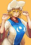  animal_humanoid big_breasts blonde_hair blush breasts canid canid_humanoid canine canine_humanoid chanta clothed clothing female fox_humanoid hair hat humanoid mammal multi_tail open_mouth ran_yakumo short_hair slit_pupils smile solo tabard teeth tongue touhou yellow_eyes 