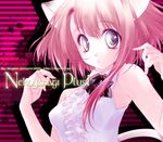  2005 :o animal_ears artist_name asymmetrical_hair blue_eyes cat_ears cat_tail looking_at_viewer mogami_rio original pink_hair short_hair solo striped striped_background tail watermark web_address 