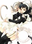  animal_ears arms_around_back arms_around_neck ass black_hair black_legwear cat_ears cat_tail cheek_kiss garter_belt hug kiss long_sleeves lugosi_ela maid maid_headdress multiple_girls original tail thighhighs white_hair yuri zettai_ryouiki 