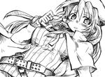  artist_request aty_(summon_night) belt cape from_below glasses greyscale holding holding_eyewear long_sleeves looking_down loose_belt monochrome solo summon_night summon_night_3 
