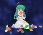  apron artist_request blue_eyes building_block full_body green_hair me-tan open_mouth os-tan shaded_face sitting solo twintails 