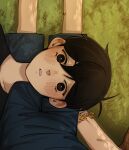  2boys alternate_costume antenna_hair basil_(faraway)_(omori) basil_(omori) black_eyes black_hair black_overalls black_shirt blush bracelet bright_pupils double-parted_bangs flower_bracelet grass hair_between_eyes highres jewelry krerue looking_at_viewer male_focus multiple_boys omori outdoors overall_shorts overalls parted_lips pov shirt short_hair sunny_(omori) white_pupils 
