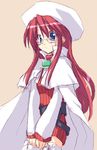 aty_(summon_night) blue_eyes brooch cape gem glasses hat jewelry long_hair long_sleeves looking_at_viewer lowres red_hair satou_kibi solo summon_night summon_night_3 thighhighs 