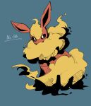  animal_focus ayaka_488 blue_background bright_pupils brown_eyes commentary_request flareon fluffy full_body highres looking_at_viewer neck_fur no_humans orange_fur pokedex_number pokemon pokemon_(creature) pokemon_focus simple_background sitting solo white_pupils yellow_fur 