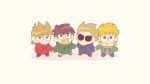  210hal3 4boys :d :o antenna_hair black_eyes blue_hoodie blush brown_hair chibi chibi_only commentary_request drawstring edd_(eddsworld) eddsworld flipped_hair from_above green_hoodie green_jacket hair_ears highres holding_another's_arm holding_hands hollow_eyes hood hood_down hoodie jacket jitome long_sleeves looking_at_viewer looking_up male_focus matt_(eddsworld) multiple_boys open_clothes open_jacket open_mouth pants purple_hoodie red_hoodie short_hair simple_background smile spiked_hair tom_(eddsworld) tord_(eddsworld) white_background 