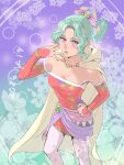  1girl bow bracelet bridal_gauntlets cape detached_sleeves dress earrings final_fantasy final_fantasy_vi floral_background floral_print floral_print_dress floral_print_sleeves ginka2023 gold_bracelet gradient_background green_background green_hair hair_bow high_ponytail highres jewelry pantyhose ponytail print_dress print_pantyhose purple_background purple_bow purple_eyes purple_sash red_dress red_sleeves sash short_dress solo strapless strapless_dress terra_branford tube_dress white_pantyhose white_trim yellow_cape 