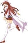  artist_request aty_(summon_night) beret boots cloak full_body hat legs long_hair long_sleeves looking_back miniskirt red_hair scabbard sheath simple_background skirt solo summon_night summon_night_3 sword thigh_boots thighhighs weapon white_background zettai_ryouiki 