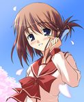  blue_eyes blush brown_hair cherry_blossoms day folded_ponytail hair_up komaki_manaka long_sleeves lowres petals school_uniform sky smile solo to_heart_2 upper_body yuki_(white_garden) 