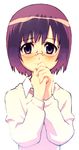  blush glasses hands_together kawamura_takayasu long_sleeves looking_at_viewer original own_hands_together purple_eyes purple_hair short_hair solo tears upper_body 