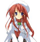  artist_request aty_(summon_night) beret blue_eyes blush cloak glasses hat long_hair long_sleeves looking_at_viewer red_hair simple_background smile solo summon_night summon_night_3 v_arms white_background 