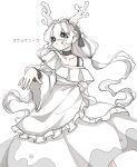  1girl :< ayaka_488 black_eyes choker closed_mouth commentary_request cursola dress grey_choker grey_ribbon highres horns long_hair long_sleeves low_twintails maid_headdress off_shoulder personification pink_pupils pokemon simple_background solo standing twintails upper_body white_background white_dress white_hair 