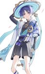  1boy absurdres anemo_symbol_(genshin_impact) animal_print arm_at_side arm_up armor belt bird_print black_belt black_bodysuit black_bow black_bridal_gauntlets black_shorts blue_cape blue_gem blue_hat blue_kimono blue_sleeves blunt_ends blush bodysuit bow bridal_gauntlets cape choppy_bangs closed_mouth commentary eyeliner falling_petals feathers furisode gem genshin_impact gold hakama hakama_shorts hat highres japanese_armor japanese_clothes jingasa juban kimono kote kurokote layered_sleeves looking_at_viewer makeup male_focus mandarin_collar multicolored_hair open_clothes open_kimono petals pink_petals pleated_shorts pom_pom_(clothes) purple_eyes purple_hair purple_pupils purple_rope purple_sash red_eyeliner rope sash scaramouche_(genshin_impact) sellfishu short_sleeves shorts shoulder_peek side_cape solo streaked_hair tassel vision_(genshin_impact) wanderer_(genshin_impact) white_background white_kimono white_sleeves yellow_feathers 