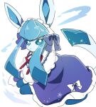  animal_focus ayaka_488 blue_bow blue_dress blue_eyes blue_fur bow bright_pupils capelet capelet_bow closed_mouth clothed_pokemon commentary_request dress frills full_body glaceon glaceon_(tea_party) looking_at_viewer lying maid_headdress no_humans pokemon pokemon_(creature) pokemon_focus pokemon_unite red_ribbon ribbon simple_background solo two-tone_fur white_background white_capelet white_pupils 