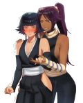  2girls backless_outfit behind_another black_hair black_hakama bleach blush breasts clothing_cutout commentary dark-skinned_female dark_skin detached_sleeves emknov english_commentary full-face_blush hakama hakama_pants half-closed_eyes halterneck hand_on_another's_shoulder high_ponytail highres hip_vent holding_hands japanese_clothes large_breasts long_hair multiple_girls pants ponytail purple_hair shihakusho shihouin_yoruichi shinigami shirt sideless_kimono sideless_outfit sleeveless sleeveless_shirt small_breasts standing sui-feng wavy_mouth 