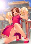  :d \||/ bamboo_steamer braid brown_hair bun_cover china_dress chinese_clothes copyright_request day dorsiflexion double_bun dress food hiyohiyo lens_flare one_knee open_mouth outstretched_wrists panties pantyshot pink_panties red_eyes smile solo sun underwear 