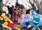  against_tree alcohol archer arm_guards armor artist_request artoria_pendragon_(all) assassin_(fate/stay_night) back beer berserker black_hair blonde_hair blue_hair blush bottle brick_wall cherry_blossoms chopsticks closed_eyes coat comforting dark_skin dark_skinned_male drinking drunk earrings eating everyone faceless fate/stay_night fate_(series) food full_armor grass hair_intakes indian_style jewelry lancer male_focus mask multiple_boys muscle outdoors overcoat profile saber sad shirtless silver_hair sitting smile spiked_hair tears thinking traditional_media tree true_assassin 