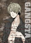  1boy abs ahoge amatsu_mito barbed_wire blonde_hair border brown_background brown_eyes collarbone copyright_name delico_(gangsta) dog_tags dress_shirt facing_to_the_side gangsta grey_shirt hair_over_one_eye holding_dog_tags looking_at_viewer male_focus mature_male ornate_border parted_lips pectoral_cleavage pectorals popped_collar shirt toned toned_male unbuttoned upper_body 
