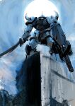  absurdres blue_sky commentary_request day gatling_gun gouf_custom gundam gundam_08th_ms_team highres holding holding_sword holding_weapon horns magmastudio mecha mecha_focus mobile_suit no_humans outdoors robot ruins scene_reference science_fiction shield shoulder_spikes signature single_horn sky solo spikes standing sun sword weapon 