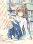 arm_support azusayumi barefoot book bookshelf brown_hair closed_eyes curtains denim indoors jeans knees_up long_sleeves open_book original pants short_hair sitting solo wind 