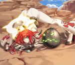 1girl absurdres anklet arched_back ball_and_chain_restraint bell-bottoms bodysuit broken_halo commentary_request double-parted_bangs flexible glowing glowing_halo gold_anklet guilty_gear guilty_gear_strive hair_between_eyes halo hands_on_ground highres jack-o'_challenge jack-o'_valentine jewelry long_hair looking_at_viewer meme outdoors pants red_hair smile solo spiked_halo spread_legs stretching t0by_34 top-down_bottom-up white_bodysuit wide_spread_legs 