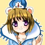  animal_ears brown_hair close-up crown fushigiboshi_no_futago_hime hat jewelry lowres miruro mouse_ears necklace oekaki purple_eyes r-type_nirvana short_hair smile solo waving 