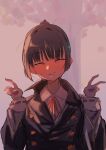  1girl ^_^ absurdres black_hair black_jacket blunt_bangs blunt_ends blush buttons canon_event closed_eyes closed_mouth collared_shirt double-breasted double_v embarrassed facing_viewer hair_ornament hands_up heaven_burns_red highres jacket kisaragi_yayoi_(ksrg_yayoi) long_hair long_sleeves natsume_inori nose_blush outdoors ponytail shirt sidelighting sidelocks sketch smile solo sweatdrop tree upper_body v wavy_mouth white_shirt 