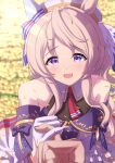  1girl 1other absurdres animal_ears ascot bare_shoulders blonde_hair blue_eyes blush breasts commentary_request detached_sleeves dress ear_covers gloves hair_between_eyes hat highres horse_ears horse_girl long_hair looking_at_viewer open_mouth pinky_out pinky_swear red_ascot single_ear_cover smile solo_focus sonicxeon umamusume victoire_pisa_(lueur_angelique)_(umamusume) victoire_pisa_(umamusume) white_dress white_gloves 