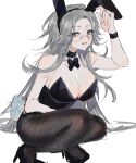  1girl absurdres alternate_costume alternate_hair_length_(longer) animal_ears aotsuki_eito black_leotard black_pantyhose breasts cleavage detached_collar fake_animal_ears fake_tail fishnet_pantyhose fishnets genderswap genderswap_(mtf) glasses grey_eyes grey_hair high_heels highres large_breasts leotard long_hair open_mouth otomegmefoxy pantyhose playboy_bunny rabbit_tail simple_background solo tail the_hundred_line_-last_defense_academy- very_long_hair white_background 
