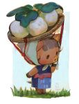  1girl animal_crossing animal_ears apron arm_at_side artist_name basket black_eyes blue_dress blue_kimono blunt_bangs blush border bow brown_fur brown_hair chinstrap commentary daisy_mae_(animal_crossing) day dress food food_on_head fruit full_body furry furry_female grass hand_up headscarf highres holding japanese_clothes kimono leaf looking_ahead looking_to_the_side no_mouth obi object_on_head outdoors outside_border pig_ears red_bow red_ribbon red_sash ribbon rope runny_nose sash short_hair short_sleeves simple_background smolmushroomm snot solid_oval_eyes solo standing tail waist_bow white_border 