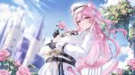  1girl absurdres aida_noa animal_ear_fluff animal_ears belt black_belt black_gloves blue_sky breasts castle cat_ears cat_girl cat_tail cloud commentary_request commission flower gloves highres holding holding_flower jacket large_breasts light_frown light_rays long_sleeves looking_at_viewer multiple_belts original outdoors pink_eyes pink_flower pink_rose pleated_skirt rose rose_bush sample_watermark skeb_commission skirt sky solo sword tail watermark weapon white_jacket white_skirt 