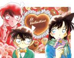  1girl 2boys aoyama_goushou black-framed_eyewear black_hair blazer blue_eyes blue_jacket blush border bow bowtie box candy chocolate closed_mouth collared_shirt covered_mouth edogawa_conan eye_contact finger_to_cheek food food-themed_background glasses green_jacket green_necktie green_scarf heart heart-shaped_chocolate heart-shaped_food highres holding holding_box jacket kudou_shin'ichi long_hair long_sleeves looking_at_another looking_to_the_side meitantei_conan mouri_ran multiple_boys necktie non-web_source official_art outside_border painting_(medium) plaid_clothes plaid_scarf red_background scarf school_uniform shirt short_hair straight-on teitan_high_school_uniform traditional_media upper_body valentine watercolor_(medium) white_border white_shirt winter_uniform yellow_bow yellow_bowtie 