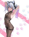  1girl absurdres animal_ear_headphones animal_ears arms_up blue_hair breasts brown_bodystocking cat_ear_headphones cat_ears chest_harness fake_animal_ears from_side hair_ornament hairclip harness headphones highres leviathan_(hikinito0902) long_hair looking_at_viewer multicolored_hair original purple_hair red_eyes shorts small_breasts solo twintails two-tone_hair 